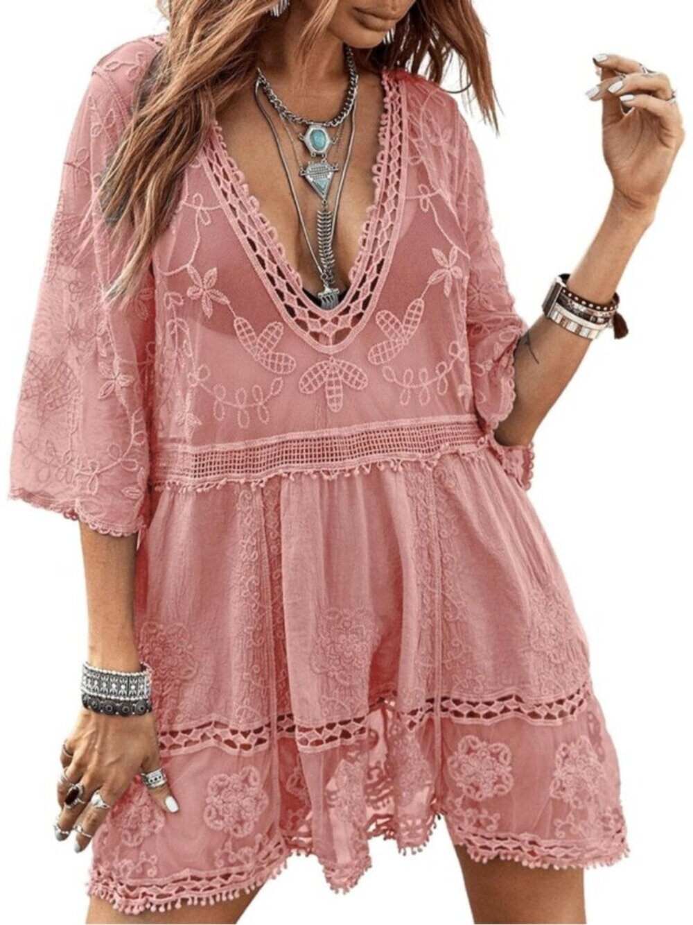 🆕Women's Pink Rayon V-Neck Coverup Sheer Mesh Lace Bathing Suit Swimsuit